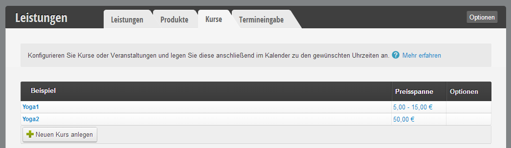 Übersicht der angebotenen Kurse